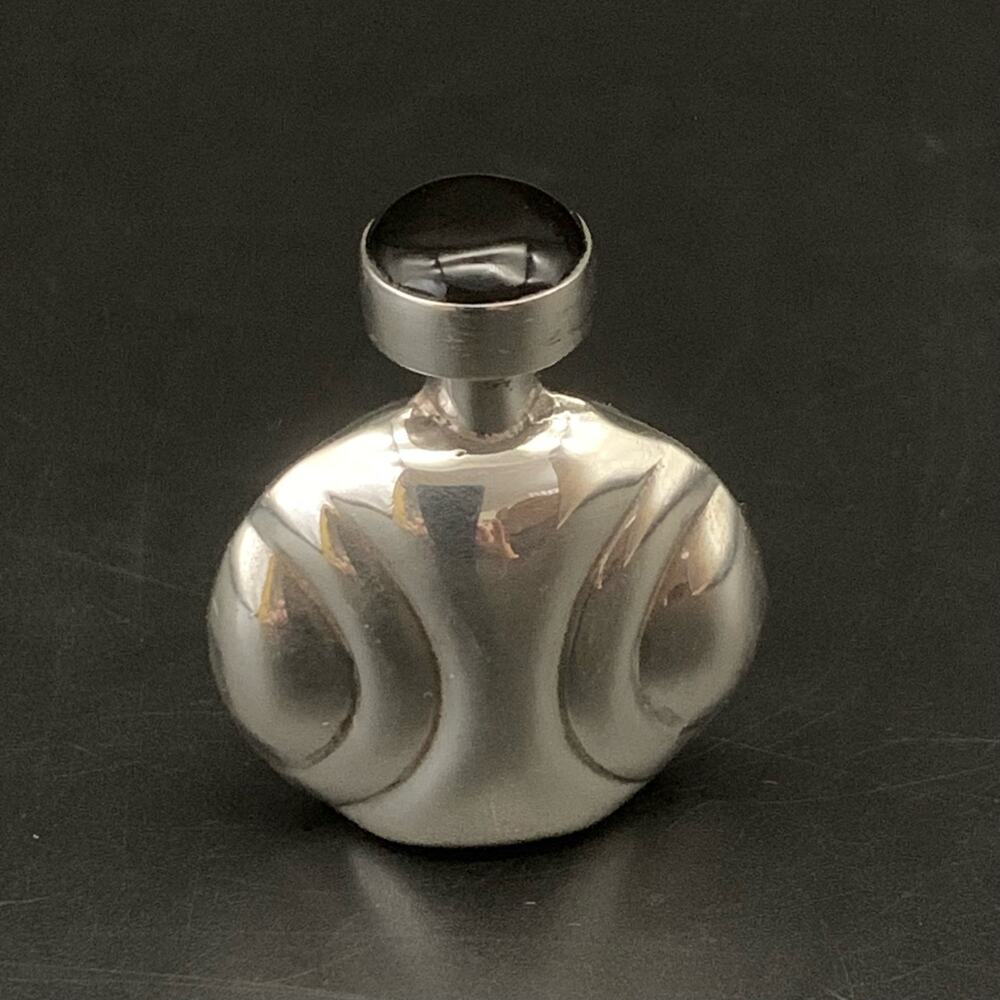 Vintage Taxco Modernist 925 Sterling Silver & Black Onyx Stone Perf,ume Bottle